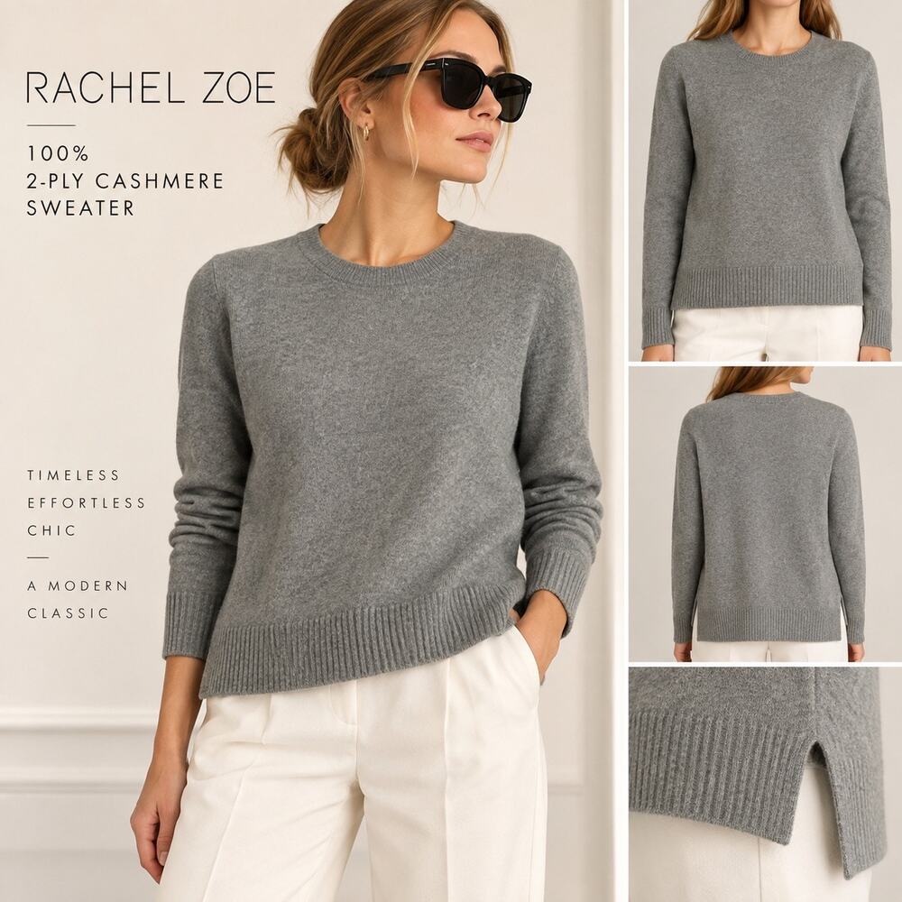 Heritage Preppy Cashmere Rachel Zoe 100% 2-Ply Olive Gray Crewneck Sweater M